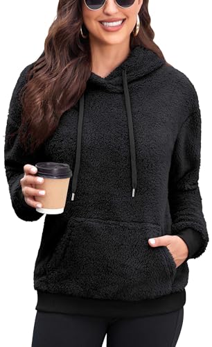 Neineiwu Damen Pullover Teddy Hoodie Fleece Sweatshirt Loose Pulli Oberteile mit Tasche,Schwarz,XL von Neineiwu