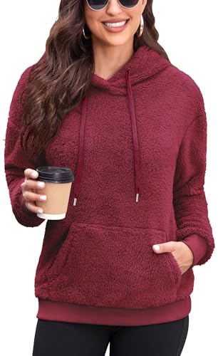 Neineiwu Damen Pullover Teddy Hoodie Fleece Sweatshirt Loose Pulli Oberteile mit Tasche,weinrot,L von Neineiwu