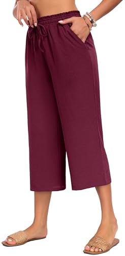 Neineiwu Damen Sommerhose 3/4 Casual Leichte Stoffhose Bequeme Luftige Freizeithose Strandhose Mit Taschen Hosen Damen Sommer Jako Trainingshose Damen Stretch Hose Damen,Wine Red,L von Neineiwu