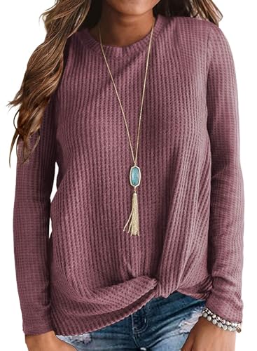 Neineiwu Damen T-Shirt Langarm Lässig Waffelstrick Leichte Pullover V-Ausschnitt mit Knöpfe Shirt Langarm Damen Pullover Damen v Ausschnitt Langarmshirt Damen,Mauve Red,L von Neineiwu