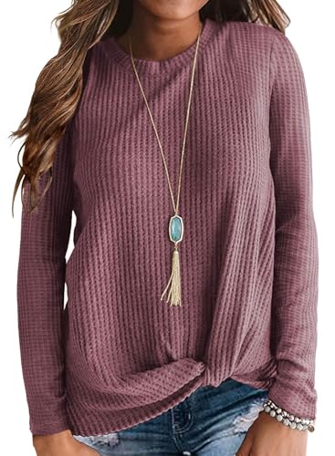 Neineiwu Damen T-Shirt Langarm Lässig Waffelstrick Leichte PulloverRundhals mit Knöpfe Shirt Langarm Damen Pullover Damen v Ausschnitt Langarmshirt Damen,Mauve Red,XL von Neineiwu