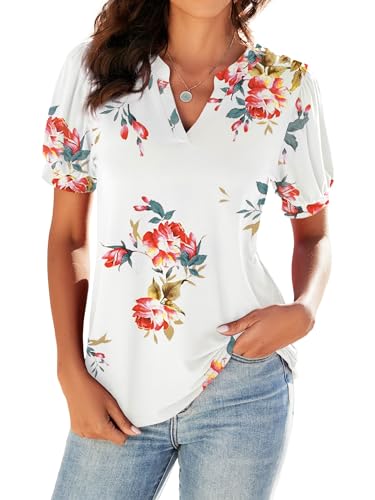 Neineiwu Damen T-Shirt Elegant Lässig V-Ausschnitt Lockere Puff-Kurzarm Tunika-Bluse Crop Top Pullover, YH White, L von Neineiwu