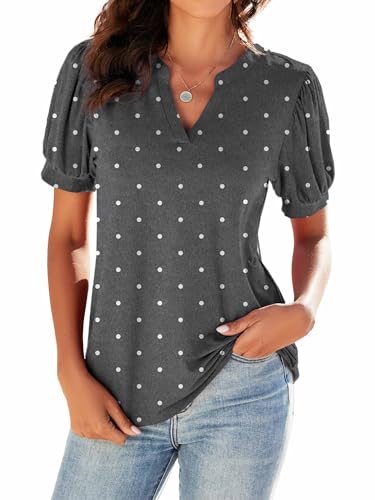 Neineiwu Damen-T Shirts Elegante Oberteile Damen lässig V-Ausschnitt lockere Puff-Kurzarm Tunika-Bluse damenblusen Bluse Damen Kurzarm Fashion Damen Satin Bluse Damen,Grau/Punkt,S von Neineiwu