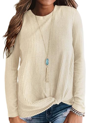 Neineiwu Damen Waffelstrick Pullover Langarm Henley Shirt Lässig T-Shirt Rundhals Mit Knöpfe Baumwolle Cordhemd, Oatmeal, L von Neineiwu