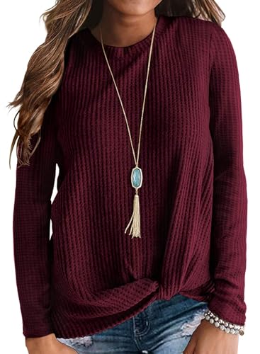 Neineiwu Damen Waffelstrick Tunika Tops Lose Langarm Knopfleiste V-Ausschnitt Henley Shirtsshirt Langarm Damen Damen Pullover v Ausschnitt Langarmshirt Damen cordhemd Damen,Wine Red,L von Neineiwu