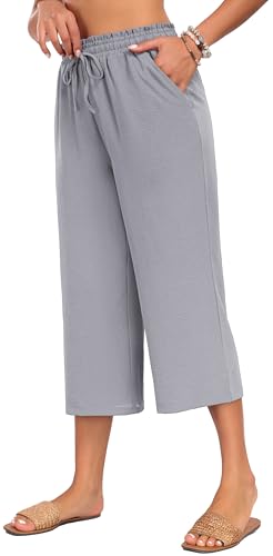 Neineiwu Damen Wanderhose Sommer Leicht Luftige Strandhose Weites Bein Kurze 3/4 Hose Taille Mit Tunnelzug Und Taschen, Dark Grey, XL von Neineiwu