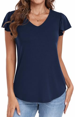 Neineiwu Damenblusen Elegant V-Ausschnitt t-Shirts Rüschen Kurzarm Tops Strick Rippen T Shirts,Dark Blue,S von Neineiwu