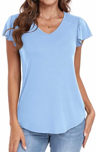 Neineiwu Damenblusen Elegant V-Ausschnitt t-Shirts Rüschen Kurzarm Tops Strick Rippen T Shirts,Light Blue,S von Neineiwu