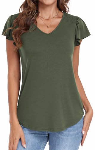 Neineiwu Damenblusen Elegant V-Ausschnitt t-Shirts Rüschen Kurzarm Tops Strick Rippen T Shirts,Olive Green,M von Neineiwu