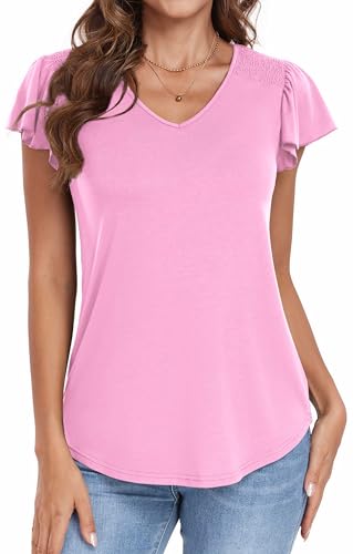Neineiwu Damenblusen Elegant V-Ausschnitt t-Shirts Rüschen Kurzarm Tops Strick Rippen T Shirts,Pink,XL von Neineiwu