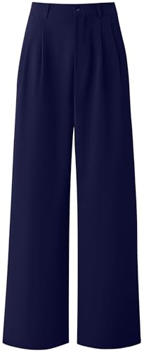 Neineiwu Female Hose mit weitem Beinschnitt Weit geschnittene Hose high Waist Hose Damen Weite Hosen Damen-Lässig Locker Gerade Beinform Hohe Taille Stoffhose Marlene Hosen Damen,Dunkelblau,XXL von Neineiwu