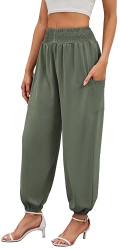 Neineiwu Haremshose Damen Lang für Sport Workout-Yogahose Jogginghose Sommerhose Leicht Weiche Lockere Bequem mit Groß Taschen,Armeegrün,S von Neineiwu