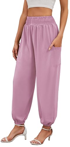 Neineiwu Haremshose Damen Lang für Sport Workout-Yogahose Jogginghose Sommerhose Leicht Weiche Lockere Bequem mit Groß Taschen,Hellrosa,S von Neineiwu