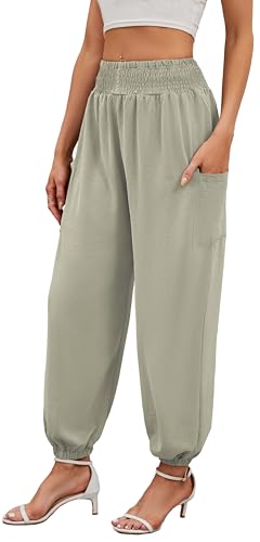 Neineiwu Haremshose Damen Lang für Sport Workout-Yogahose Jogginghose Sommerhose Leicht Weiche Lockere Bequem mit Groß Taschen,Khaki,S von Neineiwu