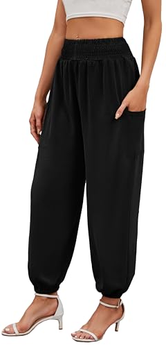 Neineiwu Haremshose Damen Lang für Sport Workout-Yogahose Jogginghose Sommerhose Leicht Weiche Lockere Bequem mit Groß Taschen,Schwarz,XL von Neineiwu