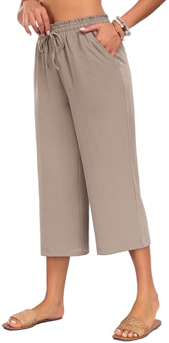 Neineiwu Jogginghose Damen 3/4 Weites Bein Yogahose mit Taschen Leicht Bequeme Freizeithose Stoffhose High Waist Stoffhose Damen Sommer leichte Sommerhose Damen,Khaki,L von Neineiwu