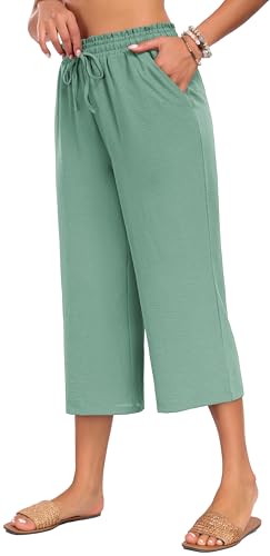 Neineiwu Damen Jogginghose 3/4 Weites Bein Yogahose mit Taschen Leicht Bequeme Freizeithose Stoffhose High Waist Sommerhose Light Green, S von Neineiwu