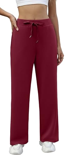 Neineiwu Jogginghose Damen Sweatpants Yogahose unten offen Freizeithose gerades Bein Lounge Athletische Sporthose Trainingshose Kordelzug mit Taschen,Rotwein von Neineiwu