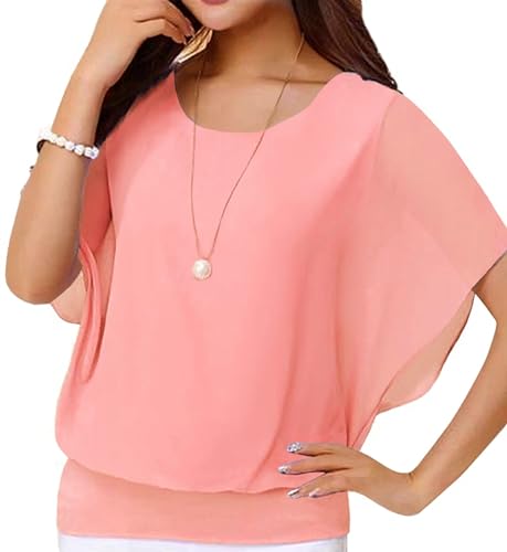 Neineiwu Oberteil Damen Batwing Bluse Shirts Kurzarm Tunika Blumen Rundkragen Bluse Rüschenbluse Damen Party Outfit, Hell-Pink, XXL von Neineiwu