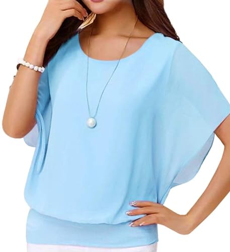 Neineiwu Oberteil Damen elegant Batwing Bluse Shirts Kurzarm Tunika Blumen Rundkragen Bluse Bluse Kurzarm Damen Elegante blusen Chiffon Bluse Damen Seidenbluse Damen,Hellblau,L von Neineiwu