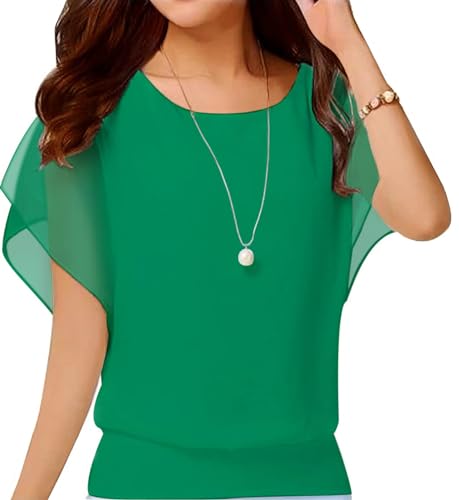 Neineiwu Damen Elegant Batwing Bluse Kurzarm Tunika Blumen Rundkragen Party Outfit Festliche Oberteile Chiffon, Blau Grün, S von Neineiwu