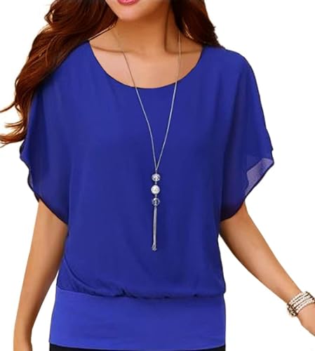 Neineiwu Oberteil Damen elegant Batwing Bluse Shirts Kurzarm Tunika Blumen Rundkragen Bluse blusen Damen elegant festlich damenblusen Fledermaus Shirt Damen Bluse Damen Kurzarm,Blau,S von Neineiwu