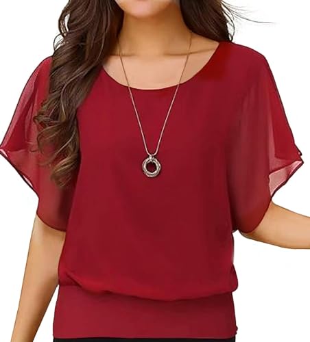 Neineiwu Oberteil Damen elegant Batwing Bluse Shirts Kurzarm Tunika Blumen Rundkragen Bluse rotes Oberteil Damen elegant Chiffon Bluse Damen Elegante blusen blusen Damen elegant festlich,Rot,XXL von Neineiwu