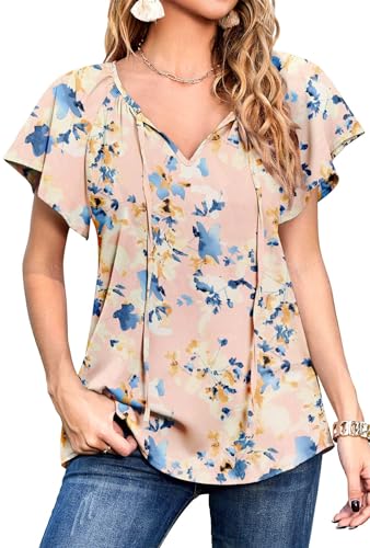 Neineiwu Oberteil Damen elegant Blumendruck V-Ausschnitt Kurzarm Shirts Lose Drawstring Damenblusen blusenrock Fashion Made in Italy blusen Damen elegant festlich Fashion Damen,YH Blue/Pink,L von Neineiwu