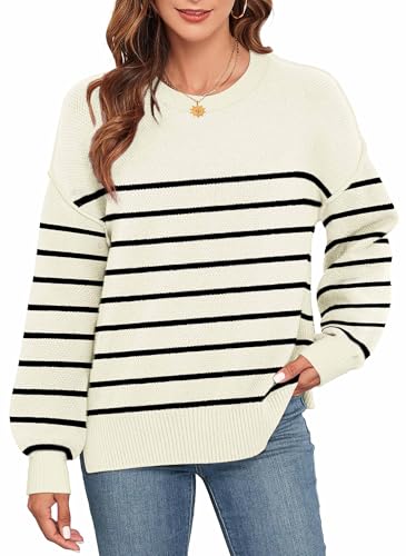 Neineiwu Pullover Damen Gestreifte Pullover Damen Strickpullover Rundhals Lose Langarm Herbst Winter Pulli,weiß gestreift,XL von Neineiwu