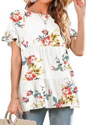 Neineiwu Rundhals T-Shirt Damen Kurzarm Bluse Damen Sommer Oberteile Elegant Tshirts Gestuftes Solide Tunika Bluse Damen elegant Festliche Oberteile Damen Longtop Damen Esprit Tshirt Damen,White-XL von Neineiwu