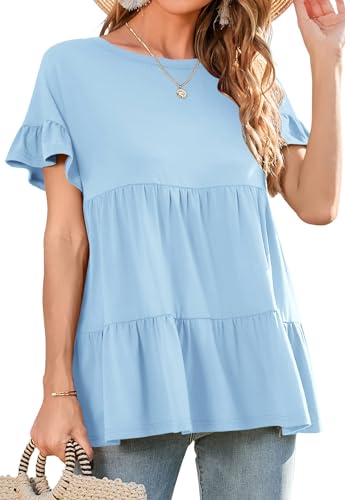 Neineiwu Rundhals T-Shirt Damen Kurzarm Bluse Damen Sommer Oberteile Elegant Tshirts Gestuftes Solide Tunika Elegante Oberteile Damen Fashion Damen Damen blusen S-XXL von Neineiwu