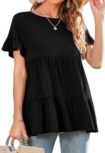 Neineiwu Rundhals T-Shirt Damen Kurzarm Bluse Damen Sommer Oberteile Elegant Tshirts Gestuftes Solide Tunika Elegante Oberteile Damen Fashion Damen Damen blusen S-XXL von Neineiwu