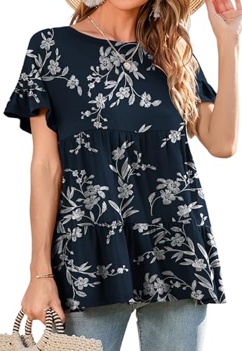Neineiwu Rundhals T-Shirt Damen Kurzarm Bluse Damen Sommer Oberteile Elegant Tshirts Gestuftes Solide Tunika Elegante Oberteile Damen Fashion Damen Damen blusen S-XXL von Neineiwu