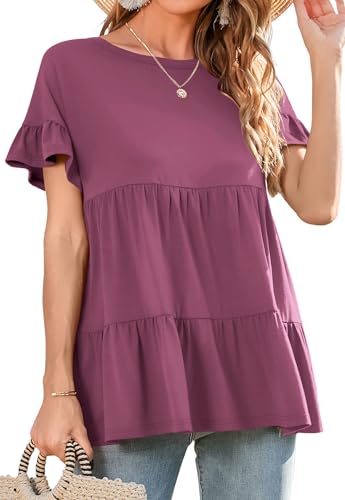 Neineiwu Rundhals T-Shirt Damen Kurzarm Bluse Damen Sommer Oberteile Elegant Tshirts Gestuftes Solide Tunika Oberteil Damen elegant Seidenbluse Damen Longshirt Damen Kurzarm S-XXL von Neineiwu