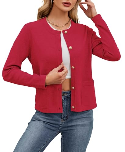 Neineiwu Strickjacke für Damen Eleganter Rundhalsausschnitt Langarm Cardigan mit Knöpfen und Goldene Metallknöpfe Taschen von Neineiwu