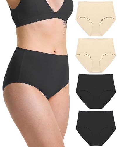 Neione Nahtlose Unterhosen Damen Baumwolle Unterwäsche Frauen Seamless Slip Hohe Taille Taillenslip Damenslip Große Größen 4er Pack Schwarze Hautfarben 3XL von Neione