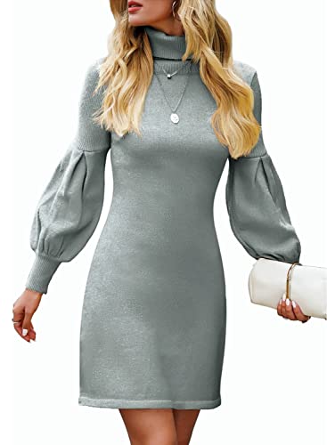 Neitooh Damen Strickkleid Minikleid Rollkragen Kleid Strickkleider für Damen,Hohe Elastizität Pulloverkleid Damen Winter Elegant,Grau,XXL von Neitooh