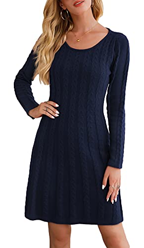 Neitooh Damen Strickkleid Pulloverkleid Elegant Winterkleider Langarm Einfarbige Rundkragen Minikleid Winter Langarm (Dunkles Blau, L) von Neitooh