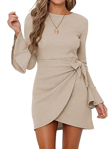 Neitooh Pulloverkleid Damen, Tukia Strickkleid Winterkleider Strickkleid mit Taillenband, Rundhals A-Linien Langarm Kleid mit Schößchensaum(A Khaki,L) von Neitooh