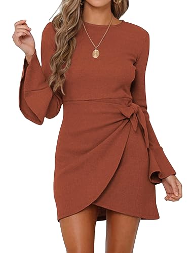 Neitooh Strickkleid Damen, Sexy Herbst Outfit Winterkleider Strickkleid mit Taillenband, Rundhals A-Linien Langarm Kleid mit Schößchensaum(A Ziegelrot,XL) von Neitooh