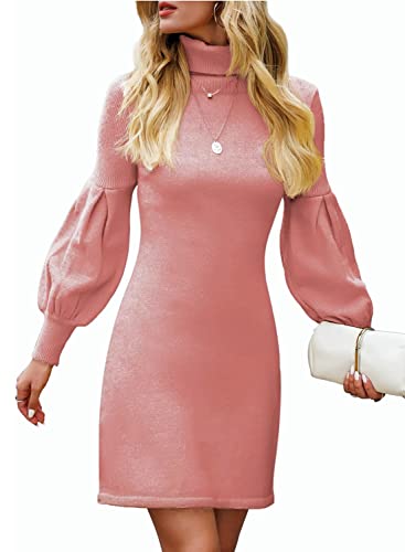 Neitooh Strickkleid Damen Minikleid Rollkragen Kleid Strickkleider für Damen,Hohe Elastizität Pulloverkleid Damen Winter Elegant,Rosa,XL von Neitooh