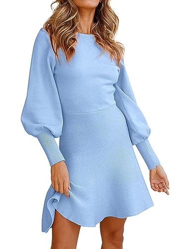 Neitooh Strickkleid Damen Winter Minikleid Rundhals Puffärmel Knitted Dress für Damen, Winterkleid Volant Hohe Elastizität Pulloverkleid Damen Winter Herbst Kleider Damen Elegant,Blau,M von Neitooh