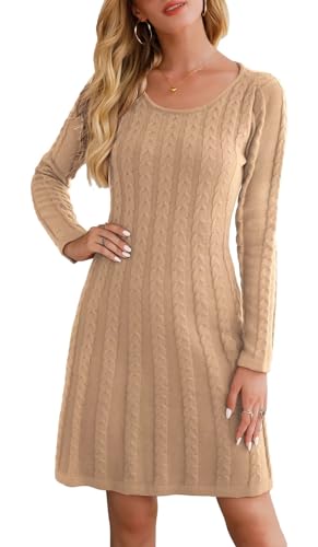 Neitooh Strickkleider Damen Pulloverkleid Elegante Pullover Rundkragen Winterkleid Casual Langarm Minikleid Strickkleider Tunika Kleid Sweater Kleid（Khaki,L von Neitooh