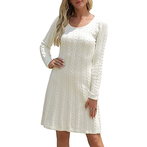 Neitooh Strickkleider Damen Pulloverkleid Elegante Pullover Rundkragen Winterkleid Casual Langarm Minikleid Strickkleider Tunika Kleid Sweater Kleid,Beige,L von Neitooh