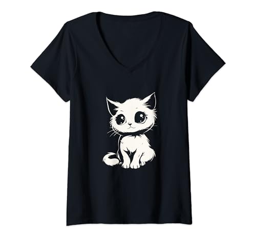 Damen Anime Kawaii Katze T-Shirt mit V-Ausschnitt von Neko Anime Kawaii Japanese Cat