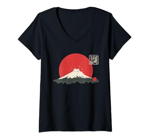Damen Vintage japanische Katze Kawaii Anime Berg Fuji T-Shirt mit V-Ausschnitt Damen Vintage japanische Katze Kawaii Anime Berg Fuji T-Shirt mit V-Ausschnitt von Neko Fuji – Süße schläfrige Kawaii-Katze