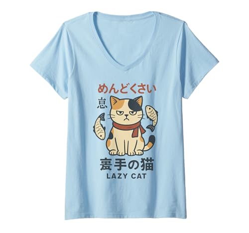 Damen Lazy Cat Lustiger japanischer Neko Kawaii Anime T-Shirt mit V-Ausschnitt von Neko Mood Co.