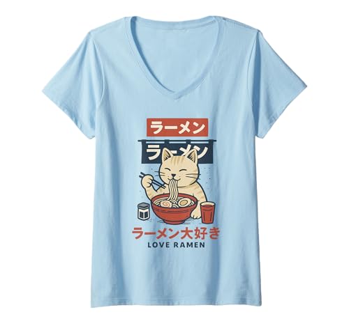 Damen Love Ramen Japanische Katze liebt Futter T-Shirt mit V-Ausschnitt Damen Love Ramen Japanische Katze liebt Futter T-Shirt mit V-Ausschnitt von Neko Noodle Co.