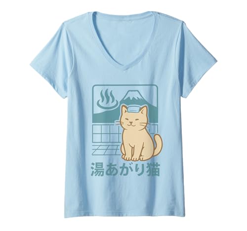 Damen Japanische Onsen-Katze mit Fuji T-Shirt mit V-Ausschnitt Damen Japanische Onsen-Katze mit Fuji T-Shirt mit V-Ausschnitt von Neko Onsen Co.