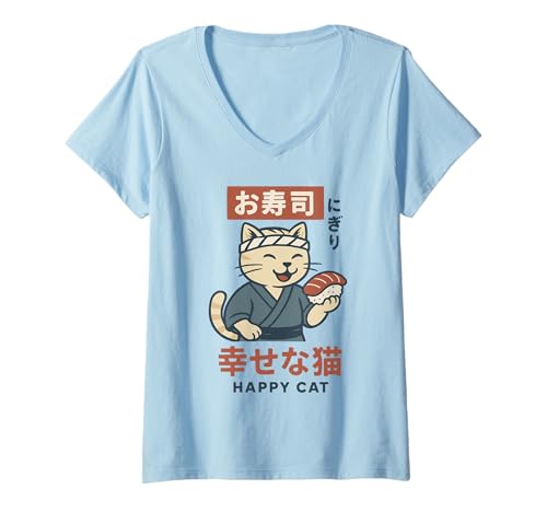 Damen Happy Sushi Chef Cat Japanischer Lebensmittelliebhaber Kanji Kunst T-Shirt mit V-Ausschnitt Damen Happy Sushi Chef Cat Japanischer Lebensmittelliebhaber Kanji Kunst T-Shirt mit V-Ausschnitt von Neko Sushi Co.